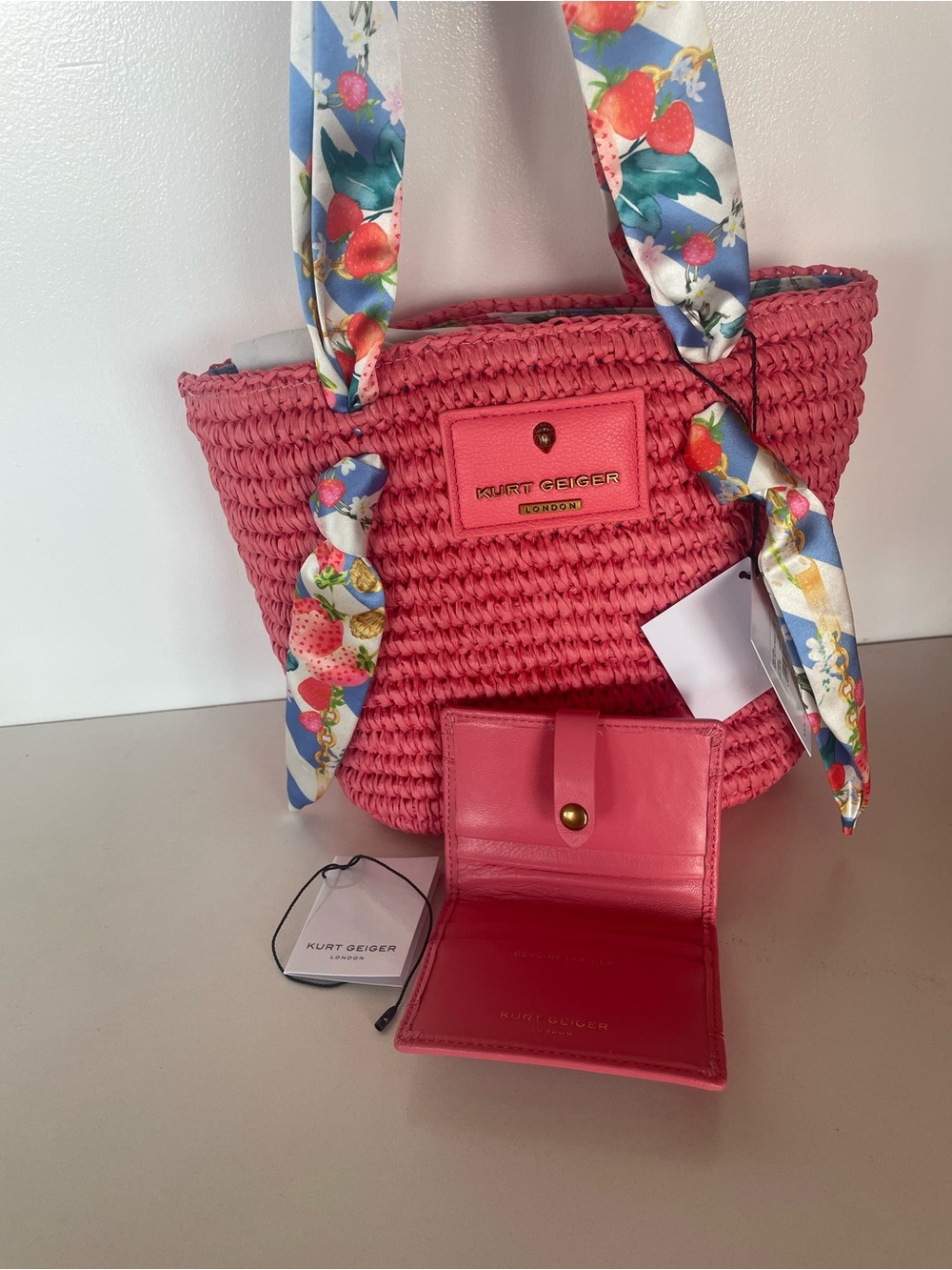 Kurt Geiger Coral Pink Woven Tote with Floral Scarf Handles and quilted wallet - Picture 2 of 8